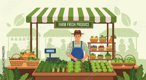 Fresh Organic Produce Market Stall Selling Fruits and Vegetables Under Canopy