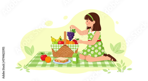 Fresh Picnic Illustration Featuring a Basket of Fruits and a Woman Enjoying the Day
