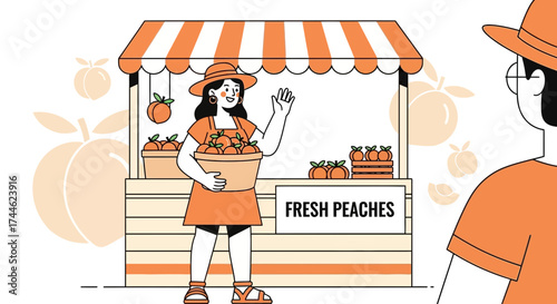 Fresh Peach Vendor Welcomes Customer At Outdoor farmers market, selling peaches