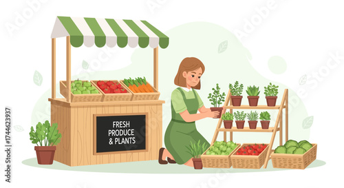 Fresh produce and plants market stall with a woman tending to them, vector illustration