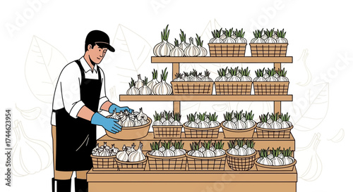 Fresh Produce Display: A Farmer Arranging Abundant Baskets of Onions for Sale