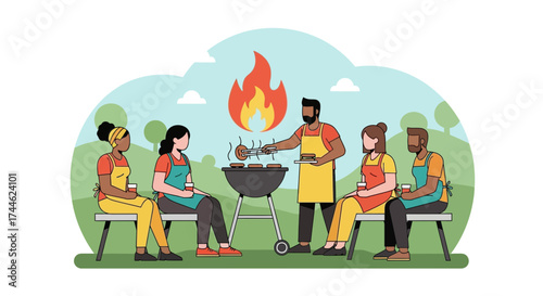 Friends Enjoying Picnic, Barbecue, And Socializing Together During A Sunny Afternoon