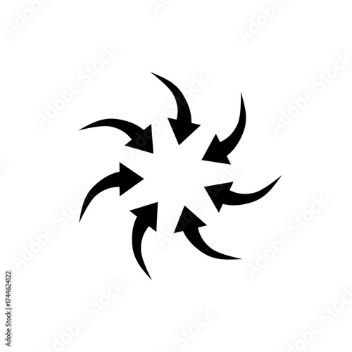 Arrow design forming a circular swirl pattern pointing to the center, bold vector symbol for logo, motion, and direction concepts.