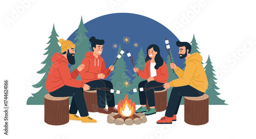 Friends Gather Around Bonfire Roasting Marshmallows Enjoying The Outdoors Lifestyle Together