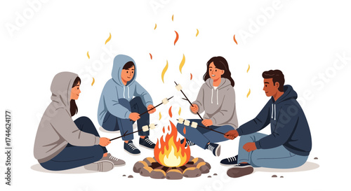 Friends Gather Around Campfire Roasting Marshmallows Enjoying Cozy Outdoor Moments