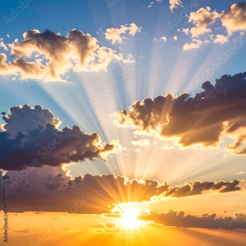 Dramatic Sunlight Bursting Through Cumulus Clouds in Sunset Sky