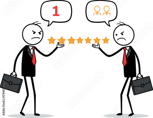 Businessmen in conflict over ratings and opinions with stars and speech bubbles.