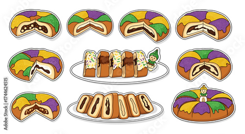 A collection of king cakes, some sliced and some whole, decorated with icing and a small figurine