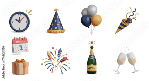 A collection of new year's eve themed clip art including clock, calendar, and party accessories