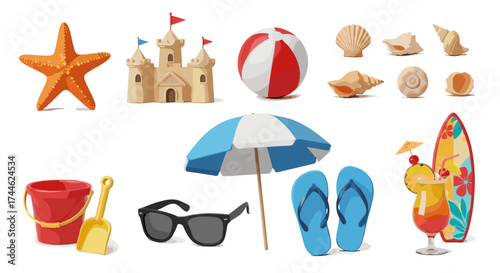 Illustration of beach themed items including a starfish, sandcastle, and beach ball and more