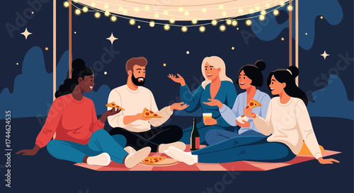 Friends Gathered For Pizza Under Stars Enjoying Quality Time Together and Relaxing