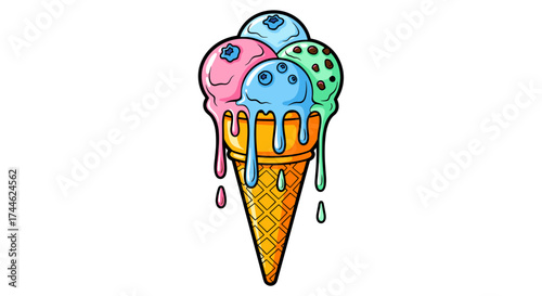 Illustration of a melting ice cream cone with four scoops of different flavors and toppings art