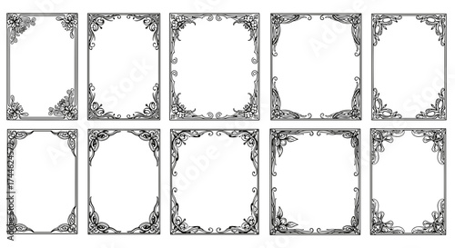Illustration showing a collection of ten decorative rectangular frames with floral corner designs