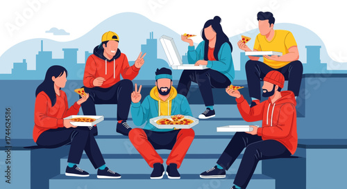 Friends Gathered Together Enjoying Tasty Pizza During A Casual Outing In The City