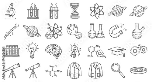 Illustration of science themed icons including microscope test tubes dna atom planets and lab equipment