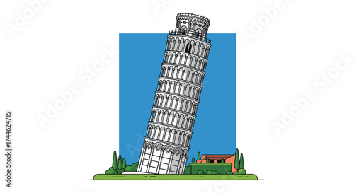 Leaning Tower of Pisa Illustration for Travel Guides, Architectural Studies, and Italian Cultural Heritage Presentations