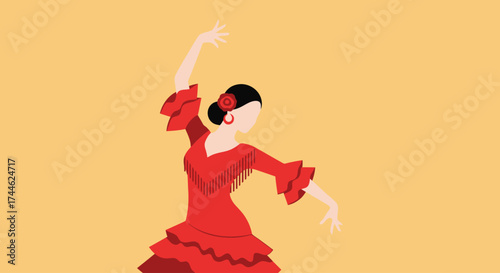 Elegant Flamenco Dancer Illustration in Vibrant Red Dress Against Warm Yellow Backdrop for Cultural Events and Dance Performances