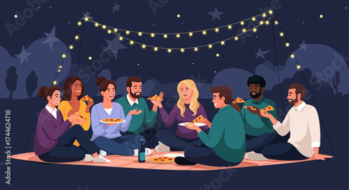 Friends Gathering Under Stars, Enjoying Pizza and Sparkling Lights during a Night Outing