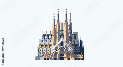 Vector Illustration of a Famous Cathedral in Barcelona, Spain, Ideal for Travel Guides, Architectural Studies, or Cultural Heritage Presentations.