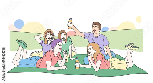 Friends Having Fun And Drinks Together During A Picnic Gathering On A Sunny Day