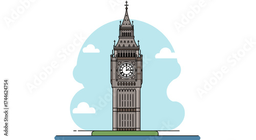 Illustrated Big Ben Tower in London for Travel Guides, Educational Materials, and Cultural Presentations, Representing Iconic Landmarks
