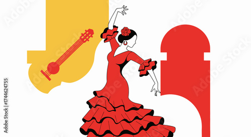 Vibrant Flamenco Dancer Illustration with Guitar and Architectural Elements for Cultural Events and Spanish Heritage Promotion