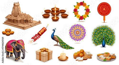 Illustration showing diwali elements including temple, diya, firecrackers, peacock and sweets items