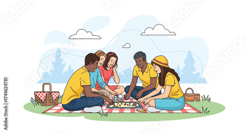 Friends Playing Board Games at a Picnic in the Park, Illustrative Style