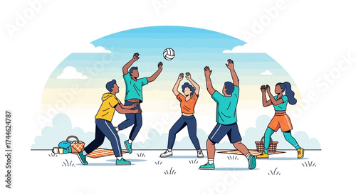 Friends Playing Volleyball Under The Sun, Fun Times, Outdoor Activities, Colorful Illustration