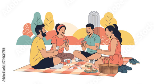 Friends Playing Cards at a Picnic, Illustration Focused on Leisure and Togetherness