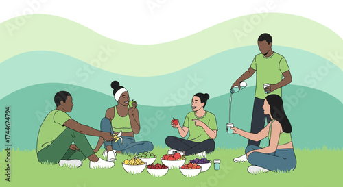 Friends Reaching Healthy Eating Goals While Enjoying Food And Staying Hydrated On A Picnic