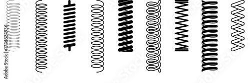 seamless spring coil hanging. Black coil, shock absorber or extension spring shapes. vector collection