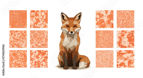Geometric fox illustration with twelve rectangular patterned backgrounds in shades of orange