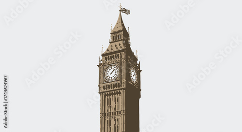 Detailed Illustration of Big Ben, London, Emphasizing Architectural Precision and Historical Significance for Travel Guides and Educational Materials