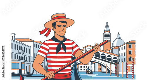 Charming Gondolier Illustration Against a Venice Backdrop, Perfect for Travel Guides, Tourism Marketing, and Cultural Heritage Educational Materials