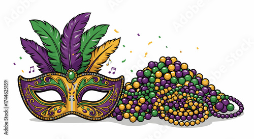 Vibrant Mardi Gras Celebration Illustration Featuring Mask, Beads, and Confetti for Festive Holiday Designs and Creative Cultural Event Promotions