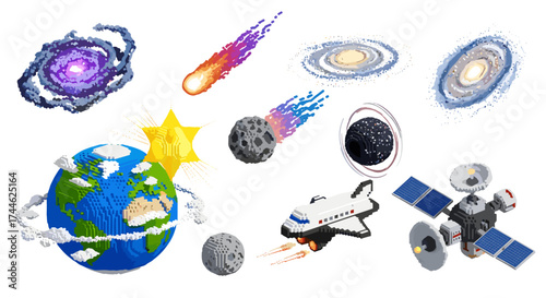 A pixelated depiction of various space objects including planets galaxies and a space shuttle craft