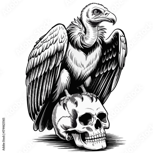 A black and white detailed sketch of a majestic
vulture perched atop a human skull