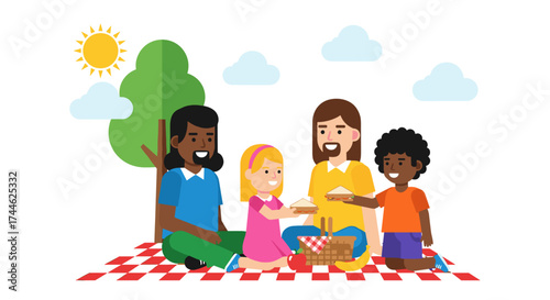 A family enjoying a picnic together on a checkered blanket under a tree with clouds and a shining sun
