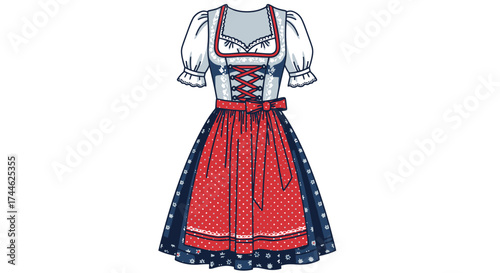 Traditional Dirndl Dress Illustration, Bavarian Folk Costume for Cultural Events and Fashion Design Projects, Celebrating German Heritage