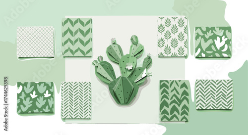 A pastel green scene featuring a central cactus surrounded by patterned rectangular blocks and shapes