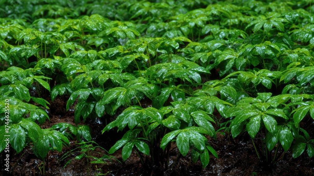 Fototapeta premium American ginseng field Greenery After the Rain