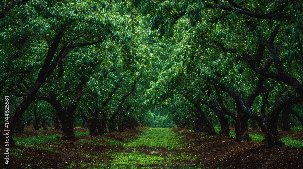 Fototapeta premium American persimmon orchard Greenery After the Rain