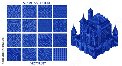 Illustration of a blue isometric castle next to seamless blue textures in a vector set format