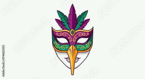 Festive Mardi Gras Mask Illustration with Vibrant Colors and Intricate Details, Perfect for Carnival Celebrations and Themed Party Invitations