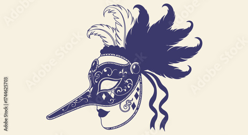Elegant Venetian Carnival Mask Illustration Featuring Intricate Details and Feathered Accents, Suitable for Festive Events and Theatrical Productions.
