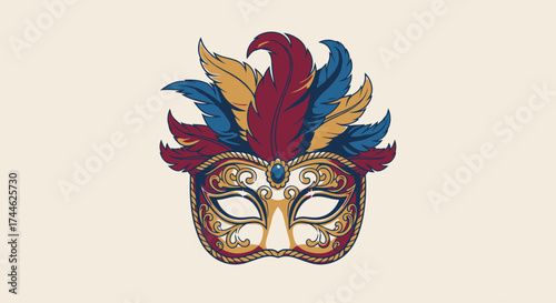 Ornate Carnival Mask with Feathers for Celebration Events and Festive Occasions, Suitable for Party Invitations and Themed Decorations, Symbolizing Mystery and Elegance
