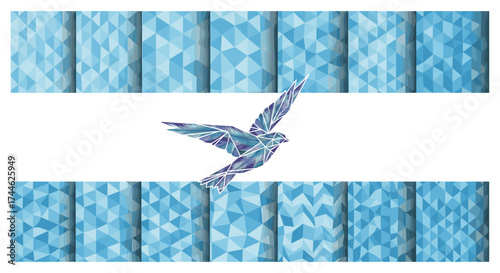 A polygonal bird in flight centered between geometric blue patterned bars on a white background