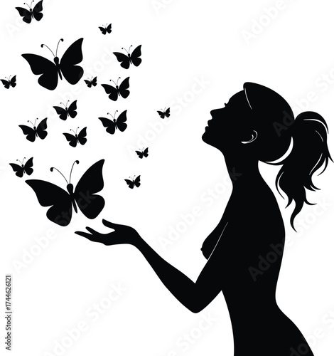 Silhouette of a fashion woman with floral grunge hair and a butterfly on her face a vector art illustration of nature and summer beauty