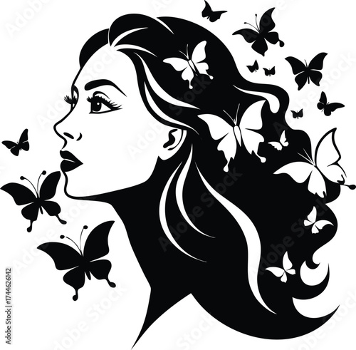 Glamourous woman with flowers, floral illustration sketch of a beautiful lady's face and hairstyle
